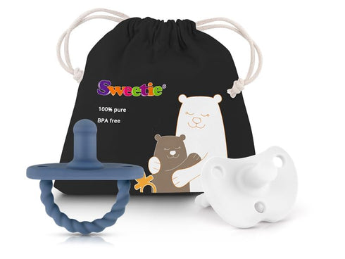 Set 2 Sweetie Pacifier Soother Baby Silicone Baby Pacifier Soft Silicone Certified BPA Free of (Navy Blue-White)