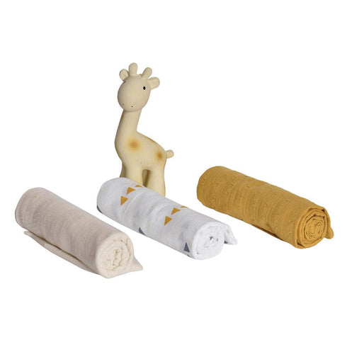 Set Giraffe Gift - Three Muslin Squares with Giraffe Rubber Teether