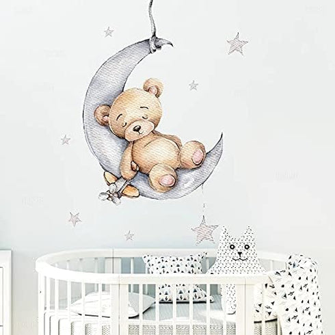 Teddy Bear Sleeping on The Moon and Stars Wall Stickers for Kids Baby Room, Interior Decoration Wall Decals