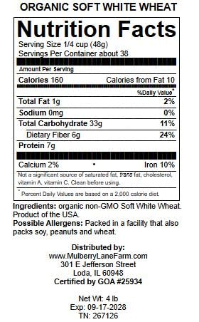 Mulberry Lane Farms 4 Soft White Wheat Berries Pounds Kernels, USDA Certified Organic, Non-GMO Bulk, Product of USA