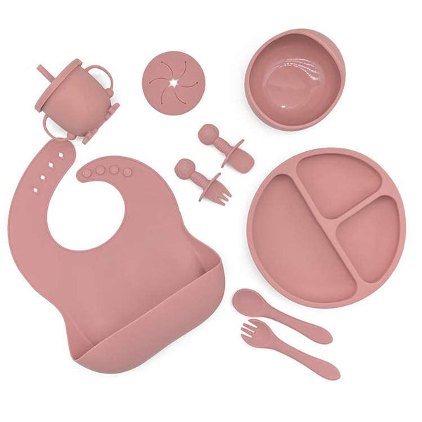 10 Item Pink Baby Feeding Starter Set - Silicone Eco-Friendly Baby Led Weaning Supplies, Suction Bowls, Divided Plates,