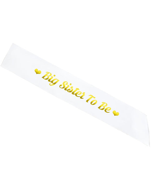 Big Sister to be Sash - White Satin with Gold Font Heart - Best Baby Shower Decorations Gifts for Neutral Twins Children