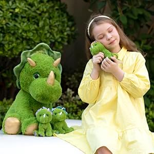 Muiteiur Giant Triceratops Stuffed Animal with 3 Baby Dinosaurs - Green Plush Toy Gift for Kids, 24.5 inch