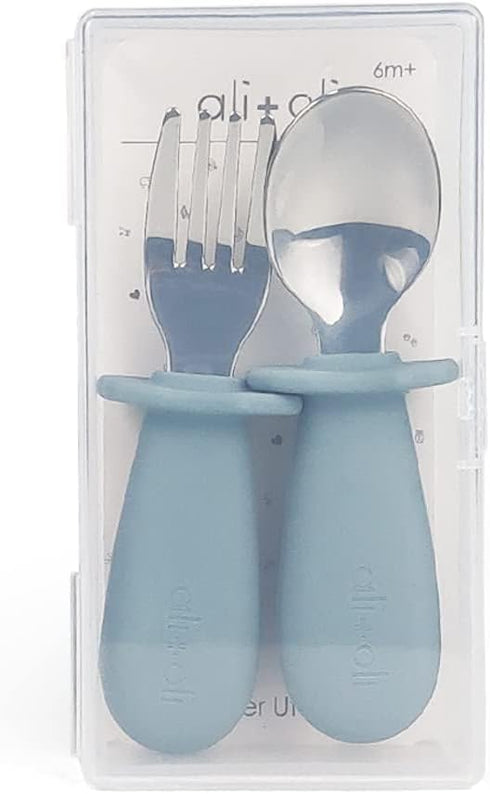 Ali+Oli Spoon & Fork Learning Set for Toddlers - Powder Blue, BPA Free, Ergonomic Design for Self Feeding