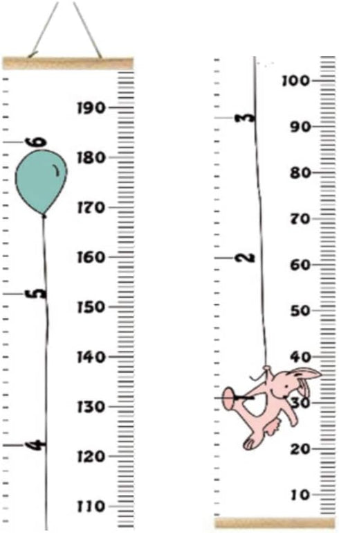 Kids Growth Chart, Wood Frame Fabric Canvas Height Measurement Ruler, 7.9 x 79in, Balloon Rabbit Design