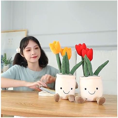 Tulip Plush Toy, 13" Orange Flower Pot Stuffed Plushie Pillow Doll, Soft Fluffy Hugging Cushion - Gift for All Ages