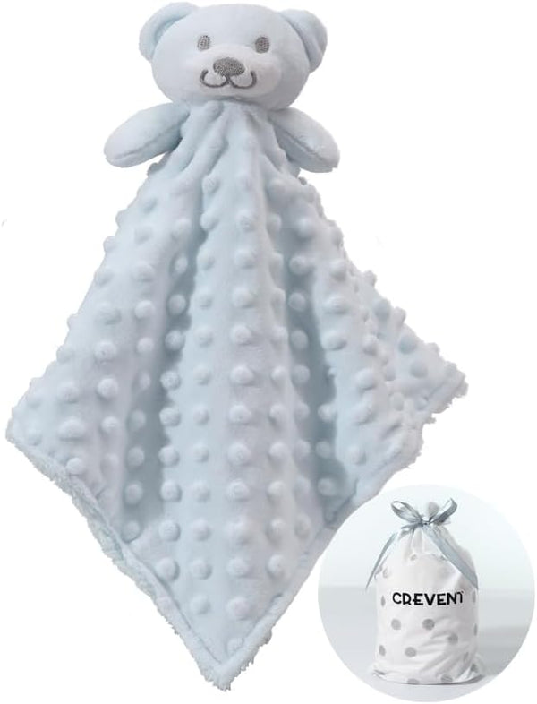 CREVENT Cozy Plush Baby Security Blanket Loveys, Minky Dot Front + Sherpa Backing with Animal Face (Blue Bear)