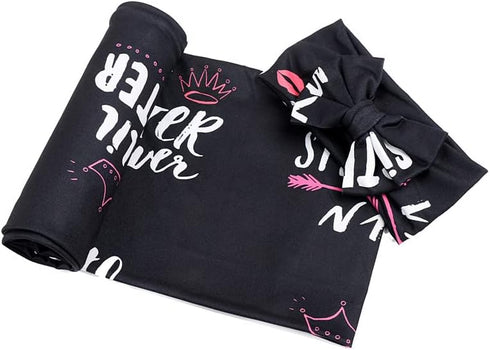 Galabloomer Newborn Receiving Blanket Headband Set, Flower Print Baby Swaddle Blankets (Black Sister)