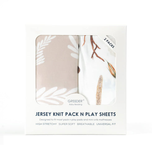 Pack Set 2 Pack, GRSSDER Stretchy Ultra Soft Jersey Knit Fitted n Play Sheets Neutral Portable/Mini Cribs Sheets, Fit