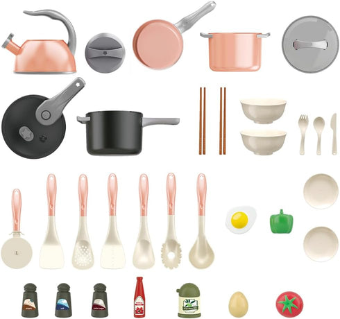 Bruvoalon 32Pcs Kids Play Kitchen Toys Set, Pretend Cooking Playset with Pots, Pans, Utensils, Foods