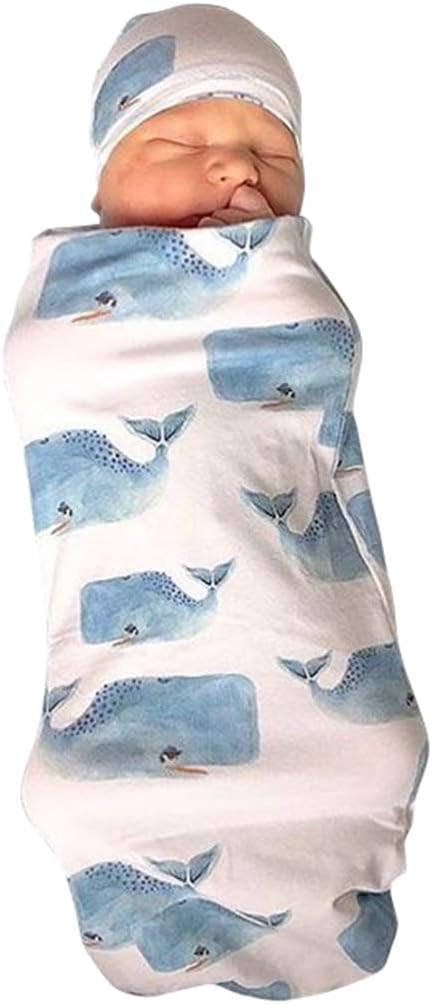 Newborn Baby Shark Print Sleeping Bag & Hat Cap, Baby Receiving Blanket Set (Whale, 0-12 Months)