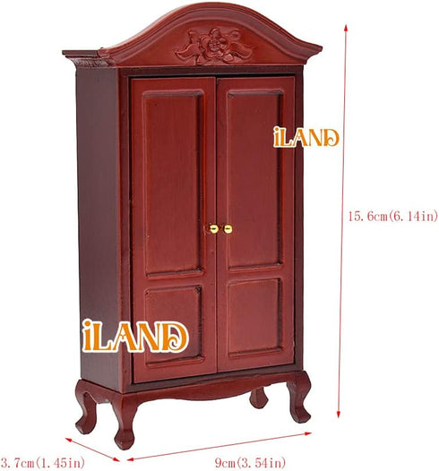 iLAND Wooden Dollhouse Furniture, 1/12 Scale Bedroom Set in Mahogany Color, 6pcs