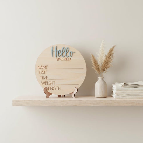 TTMerriwood Hello World Wooden Baby Birth Announcement Sign, Newborn Name Date Time Weight Length Board, Neutral