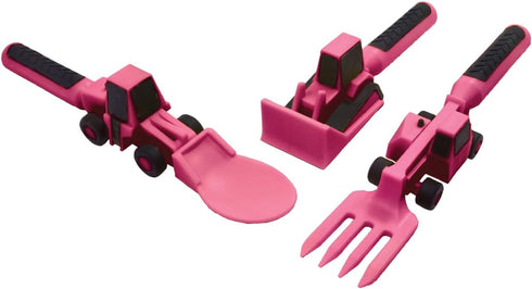 Set Constructive Eating Plate and Utensils - USA-Made Toddler Dinnerware with Divided Plates (Pink Construction)