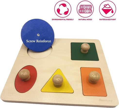 Montessori Multi Shape Wooden Puzzle Toy, Jumbo Wood Peg Educational Basic for Baby Toddler (5 Geometry Shape)