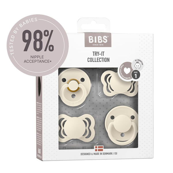 BIBS Try-It Collection | 4-Pack Soothers | BPA-Free Round, Anatomical & Symmetrical