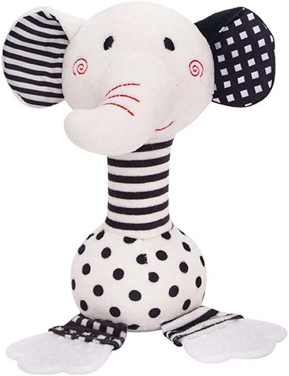 Black and White Newborn Baby Toys 0-12 Months, Soft Plush Rattle Stuffed Animal Toy with Teether and Sound (Elephant)