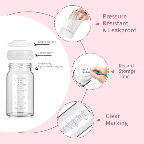 Momlacto 4 Pack, 6oz/180ml, S1 S2 9 Glass Breast Milk Collection and Storage Bottles, Wide Neck, Compatible