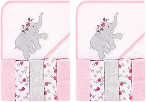 Hudson Baby Unisex Baby Hooded Towel and Five Washcloths, Floral Elephant, One