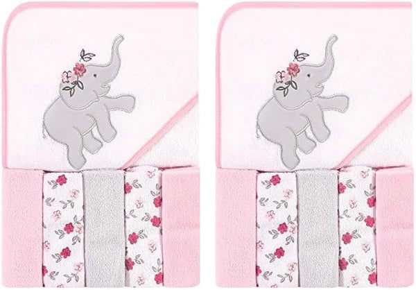 Hudson Baby Unisex Baby Hooded Towel and Five Washcloths, Floral Elephant, One