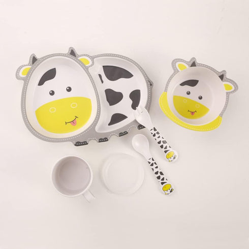 Kids Dinnerware Set Bamboo 5 Pcs with Plate Bowl Cup Fork Spoon (Cow) by Fekdod