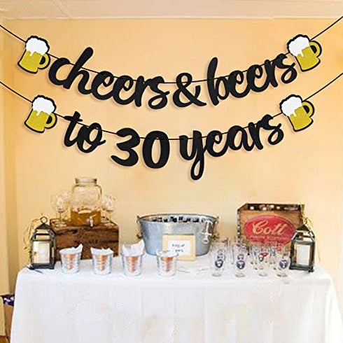 Joymee Cheers to 30 Years Black Glitter Banner for 30th Birthday, Wedding Anniversary Party Supplies Decorations