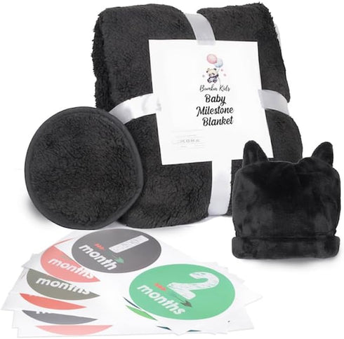 Bumba Kids Set Sherpa Fleece Goth Bat Baby Swaddle Blanket Gift with Milestone Stickers, Bat Hat & Wings, Crib Size