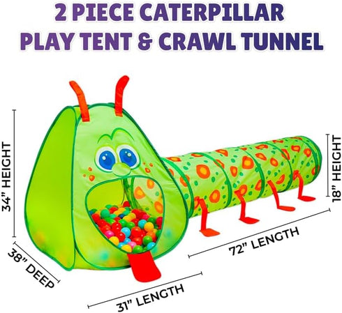 Kiddey Caterpillar Kids Play Tunnel and Tent, 2 Pc. Crawl Through Baby Ball Pit for Toddlers