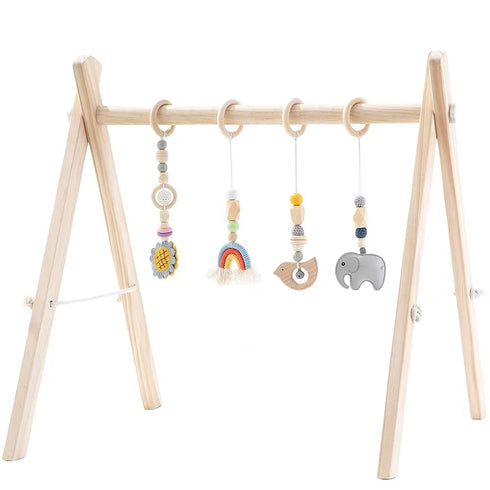 ToyKing Wooden Baby Play Gym with Hanging Bar, 4 Gym Toys and Natural