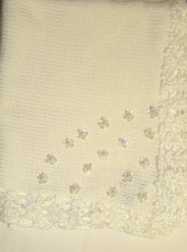 Gita Hand Knitted Crochet Finished White Chenille Baby Blanket Trimmed with Sequin Flowers