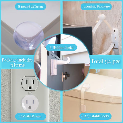 HUIESON 40 Pack Baby Proofing Kit | Hidden Cabinet Drawer Locks, Adjustable Latches, Outlet Covers, Corner Guards