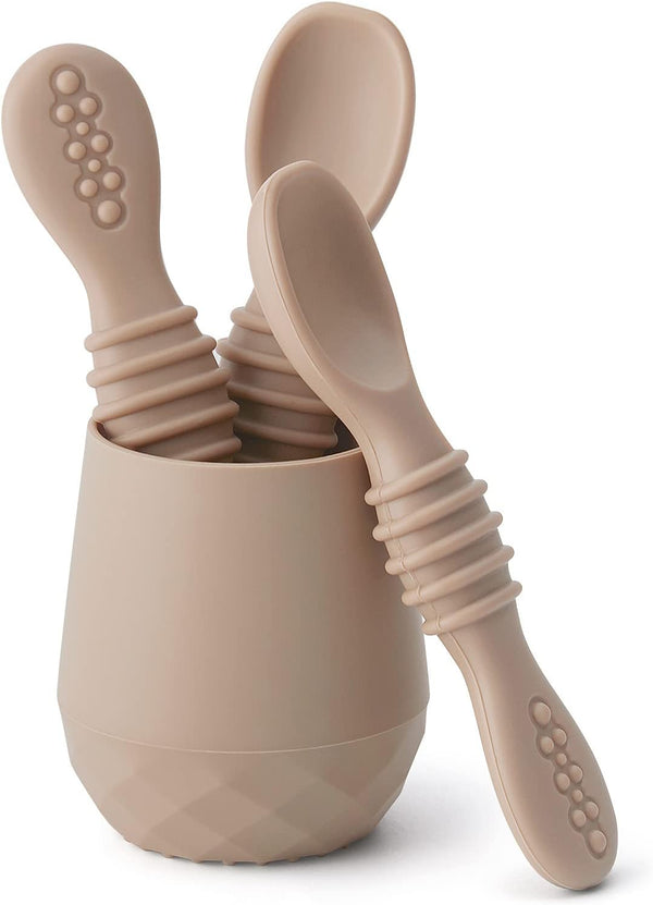 Silicone Baby Utensils - Self Feeding Spoons and Tiny Training Cup, Set of 4 for 6 Months+ Infants