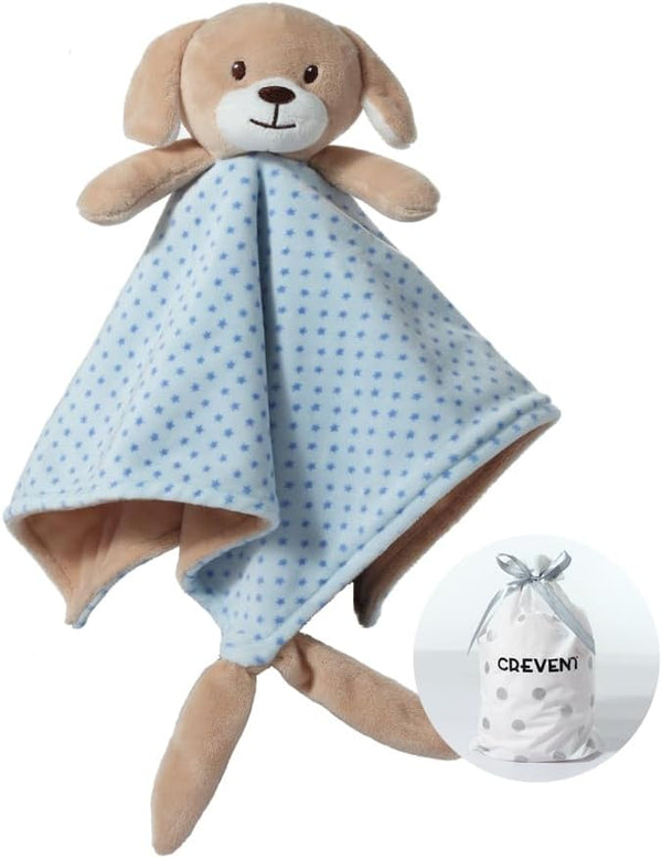 CREVENT Soft Plush Animal Face Security Blankets for Boys and Girls, Great Birthday Baby Shower Gifts (Blue Dog)