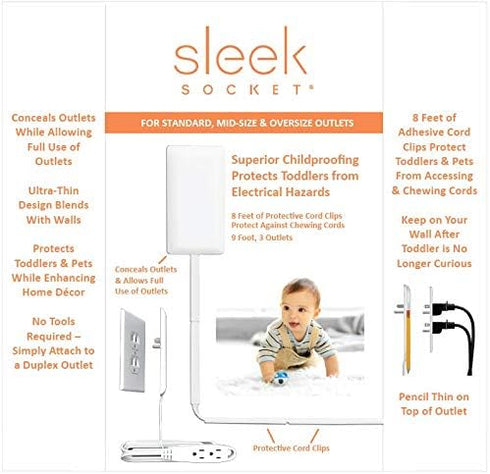sleek socket 8-Foot No Shock Child Protector, Outlet & Plug Concealer with Protective Cord Clips, Flat Extension Cord