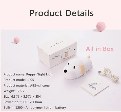 Dimmable HAPPYBAG Kids Night Light,Cute Soft Silicone Dog Lamp Nursery Portable Puppy Kawaii Lamps,Bedside Lamp