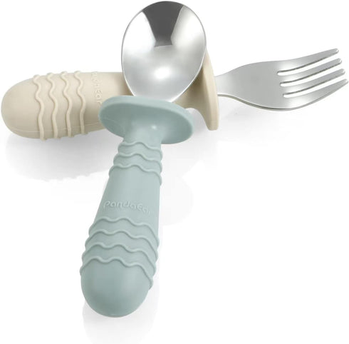 PandaEar 4 Set Baby Toddler Silicone Stainless Steel Utensils, Spoon Fork for Baby Toddler, BPA Free Anti-Choke Design