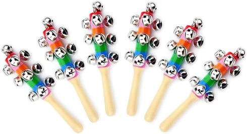 6Pcs Wooden Jingle Hand Bells - Rainbow Handle Wooden Bells Jingle Stick Shaker Rattle for Baby Kids Children Musical