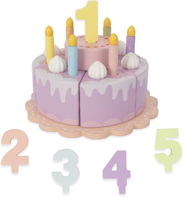 Wooden Birthday Fake Cake with Candles and Numbers - Pretend Play Food for Toddlers 1-3, Tea Party Learning Kitchen