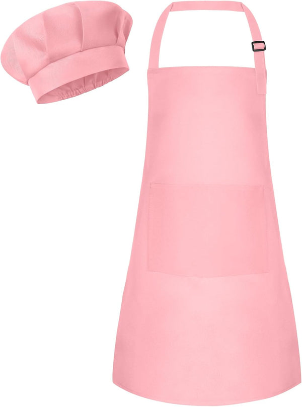 Children Chef Hat and Apron Set, Adjustable Kids Apron with 2 Pockets for Cooking Baking