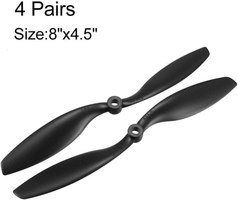 8045 8x4.5 Inch 2-Vane 4 uxcell RC Propellers CW CCW Fixed-Wing for Airplane Toy, Nylon Black Pairs with Adapter Rings