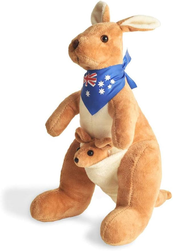 BOHS Kangaroo Stuffed Animal Toy - 11.8 Inches with Joey in Pouch and Australia Scarf, Soft Cuddly Plush Toy