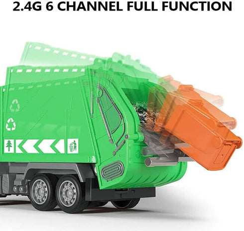 2.4G RC Garbage Truck Toy with Lights, 6 Channel Remote Control Waste Management Truck with 2 Rechargeable Batteries