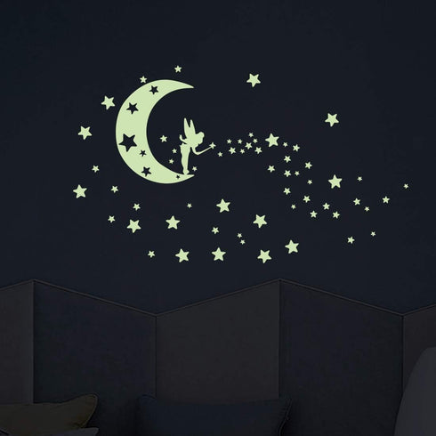 Moon Glow in Dark Wall Stickers, Benbo Fairytale Fairy and Stars Vinyl Decals for Nursery Home Decor