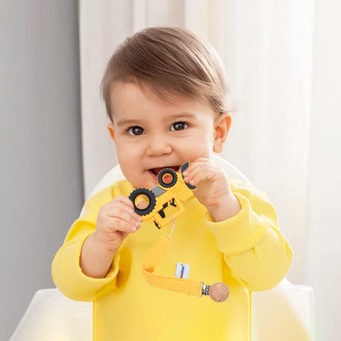 Baby Food Grade Silicone Car Teether Toy with Pacifier Clip Holder, Yellow Bulldozer, BPA Free, 3 Months+