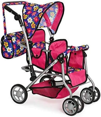 Twin Doll Stroller with Diaper Bag and Swivel Wheels & Adjustable Handle