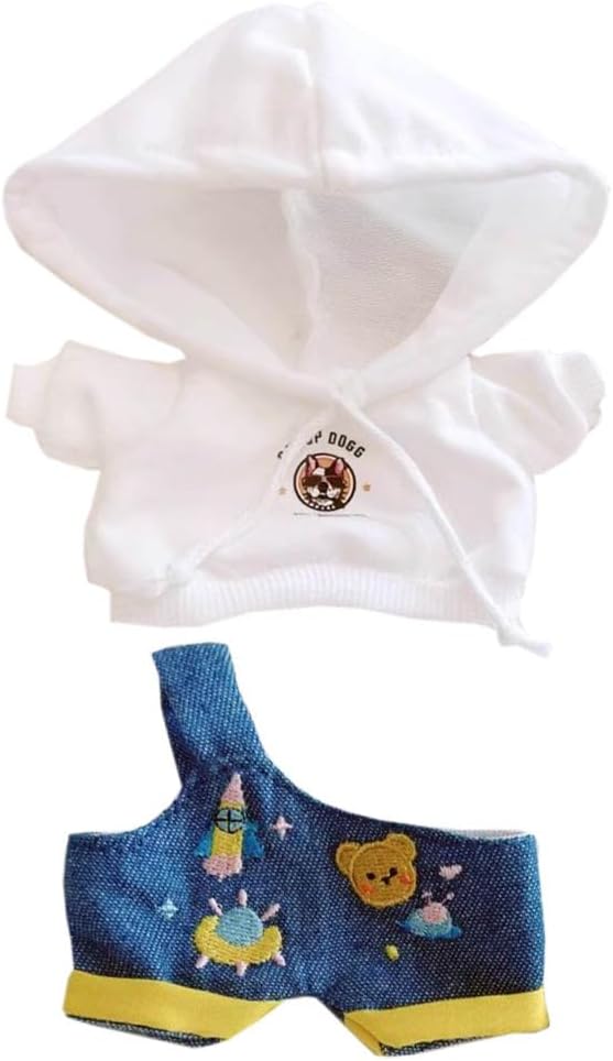 niannyyhouse White Hoodie & One Shoulder Denim Strap Pants for 10cm~15cm Plush Doll Outfit
