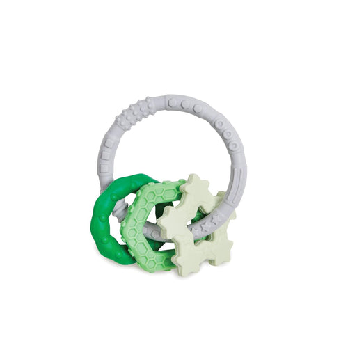 Bumkins Baby Teething Toy Keys Rings, Soft Flexible Pacifier, Freezable Platinum Silicone Teether, Green and Gray