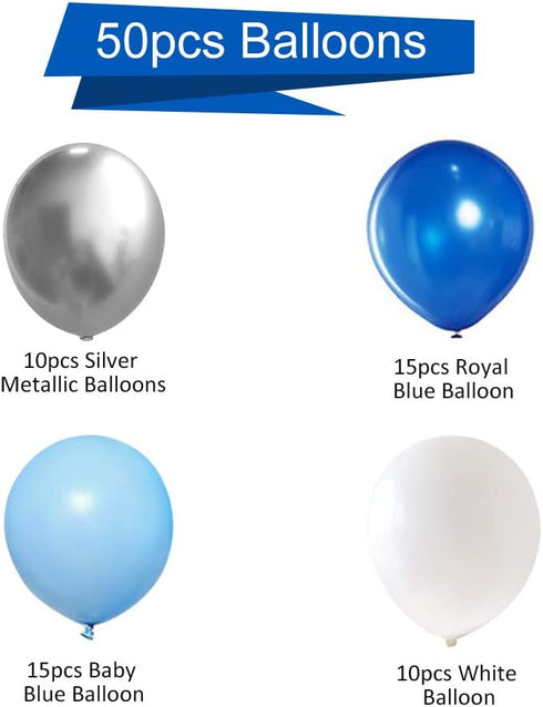 Blue Silver White Latex Balloons, 50pcs 12 inch Metallic Balloons for Birthday Wedding Party Decoration