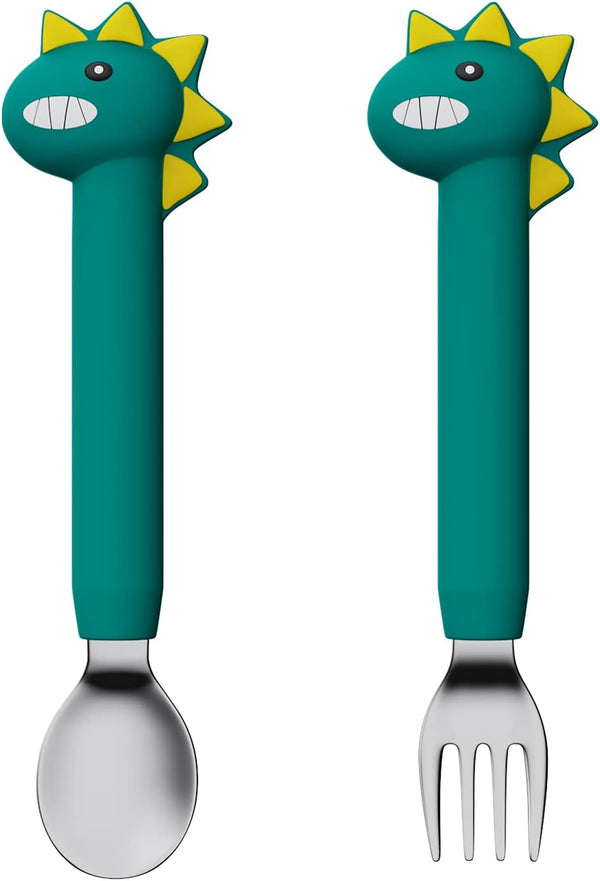 Baby Forks and Spoons Set, Toddler Training Utensils, Silicone and Stainless Steel Kids Utensil (Green Dinosaur - Long)