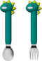 Baby Forks and Spoons Set, Toddler Training Utensils, Silicone and Stainless Steel Kids Utensil (Green Dinosaur - Long)